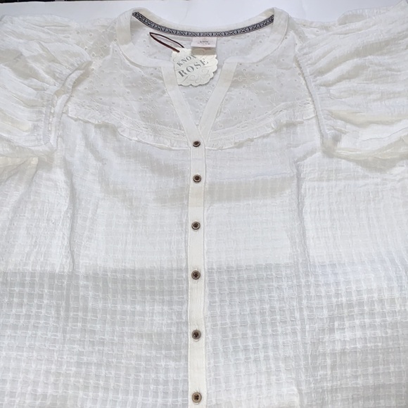 Knox Rose Plus Size Eyelet Textured Button Down Short Sleeve Blouse- White - Picture 3 of 13